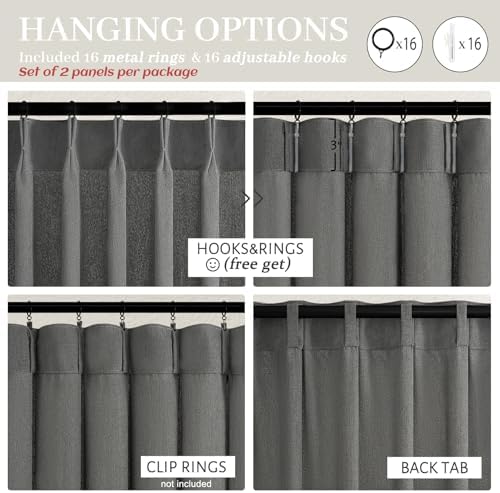 Dark Gray Sheer 90 Inches Long Bedroom Curtains 2 Panels Set, Pinch Pleated Faux Linen Semi Through Privacy Sheer