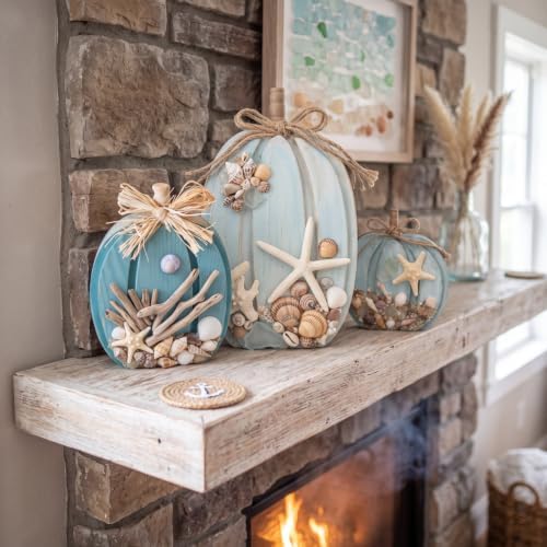 Colingmill 3 Pcs Coastal Fall Wooden Pumpkin Blue Fall Decoration for Home