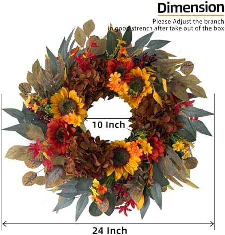 HipTree 24 Inch Fall Sunflower Hydrangea Wreath Autumn Front Door Wreath