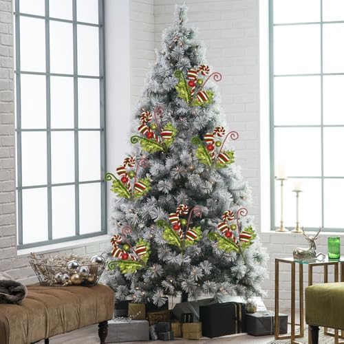 3 Pack Artificial Christmas Floral Picks Lime Green Red Berry Stems Xmas Tree Branches with Glitter Ball for Party Flower Arrangement Centerpieces (Green)