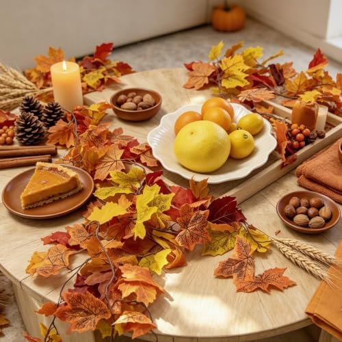 CQURE 15 Pack Fall Garland, 88.5Ft Artificial Autumn Maple Leaves Vines Thanksgiving Halloween Harvest Decor for Fireplace Mantle Table Indoor Outdoor