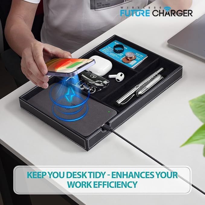 Valet Tray, Built in Wireless Charging Pad, Nightstand Organizer | Dresser Organizer, Mens Jewelry Box, Valet Charging