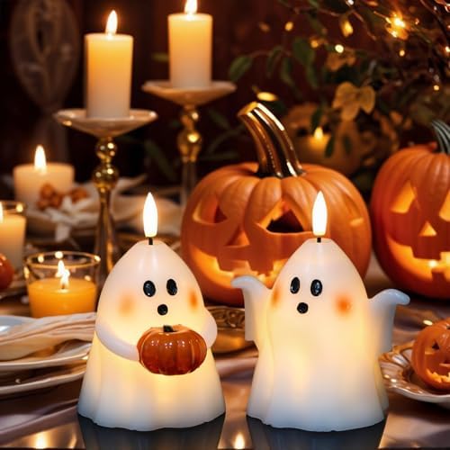 Halloween Ghost Flameless Candles with Timer Hand-Painted Pumpkin