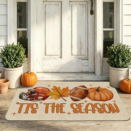 Hexagram Fall Door Mat, Fall Football Pumpkin Front Door Mat Outdoor Rug