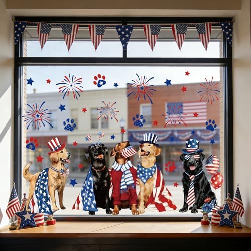 JarThenaAMCS 2 Sheet Patriotic Dog Window Clings Window Decal 4th of July Star Firework Dog Reusable Anti-Collision Windows Decor for 250th Anniversary Independence Day Memorial Day Party Supplies
