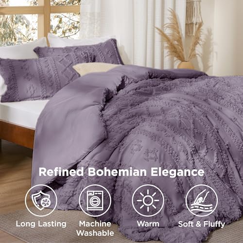 Bedsure Tufted Boho Comforter Set Twin Size - Grayish Purple Boho Bed Set, GentleSoft™ 2 Pieces Farmhouse-Style