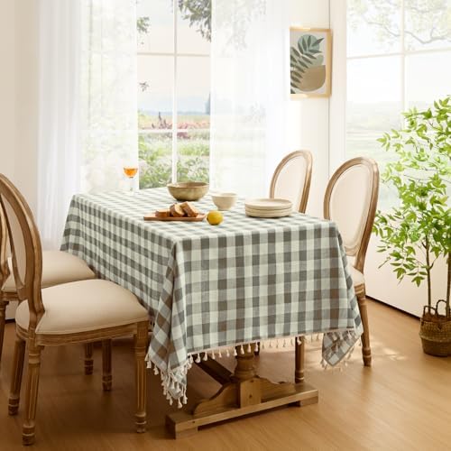 Softalker Gingham Rectangle Tablecloth with Tassel, Coffee, 55" x 120"
