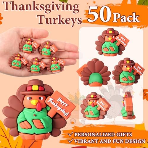 Domensi 50 Pcs Thanksgiving Mini Turkey Figurines Tiny Turkey Figures to Hide and Seek Little Pilgrim Statue Miniatures Chicken for Party Autumn Fall Decor Table Centerpiece(Happy Thanksgiving)
