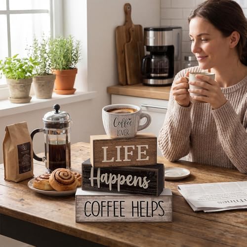 Moucuny 4 Pcs Wooden Coffee Bar Signs Farmhouse Table Decor Blocks