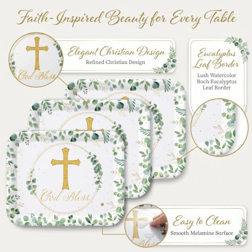 Vesici 4 Pack Eucalyptus God Bless Melamine Serving Trays, 13 x 10 Inch Rectangular Religious Decorative Platters with Gold Cross, Durable Serving Plates for Baptism, First Communion & Church Events