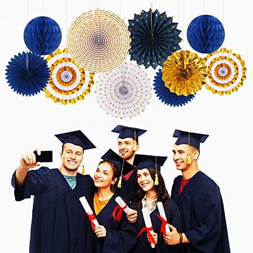Navy-Blue White-Gold Graduation Party-Decorations - 33pcs Kits Banner, Streamers Tassel Garland,Tissue Pom Poms Honeycomb, Paper Lantern Fans,Wedding Birthday Baby Shower Backdrop Ceiling Decor Hugtmr