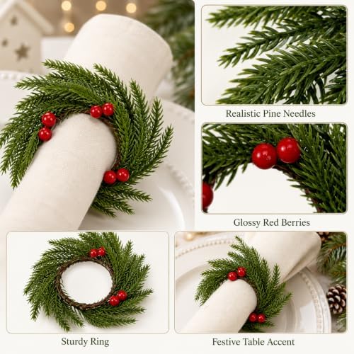 12 Pcs Christmas Napkin Rings Wreath Napkin Holder, Red Berry