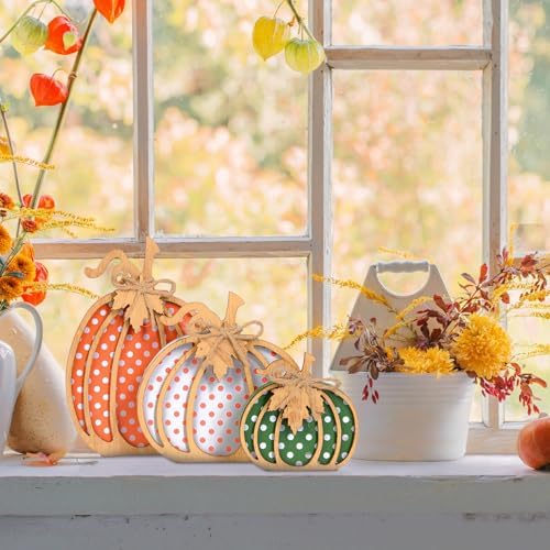 OLANRUN Fall Decorations for Home, 3-Piece Wooden Pumpkin Fall Decor, Rustic Farmhouse Indoor Autumn Thanksgiving Decorations for Table Centerpiece, Tiered Tray, Mantel, Shelf, Office (4-8 Inch)