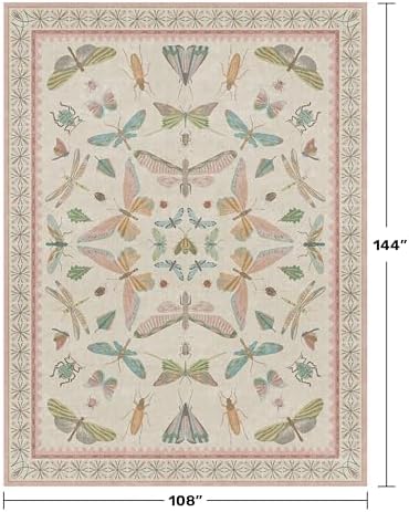 Hazo Haus 9x12 Pink Area Rug for Girls Bedroom, Washable Living Room & Dining Room Rug with Pastel Flower Insect Print