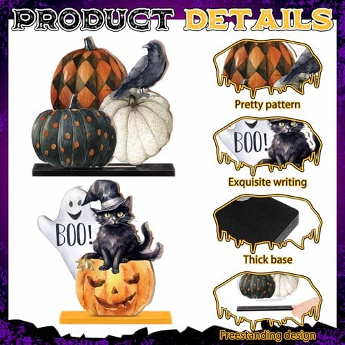 Marsui 12 Pcs Halloween Wooden Decor Pumpkin Ghost Cat Centerpieces