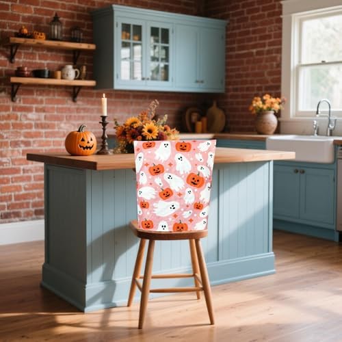 JarThenaAMCS 4 Pcs Halloween Chair Back Covers Pink Ghost Pumpkin Bat Dining Chair Slipcover Removable Seat Protector Cover for Home Kitchen Decorations