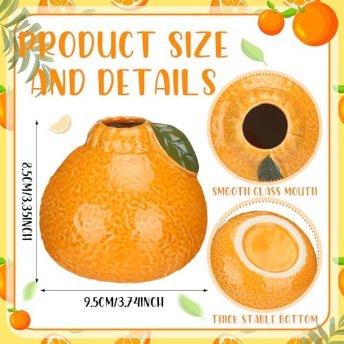 Sieral 3 Pcs 3.7 Inch Ceramic Orange Vase with Green Leaves Cute Tangerine Shape Ceramic Planter Hydroponics Vase Small Orange Flower Pot for Living Room, Bookshelf, Office Home Decor
