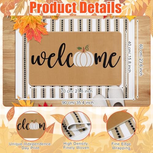 Tinideya 2 Pcs Fall Door Mat Set, Pumpkin Welcome Mat Beige Striped Rug
