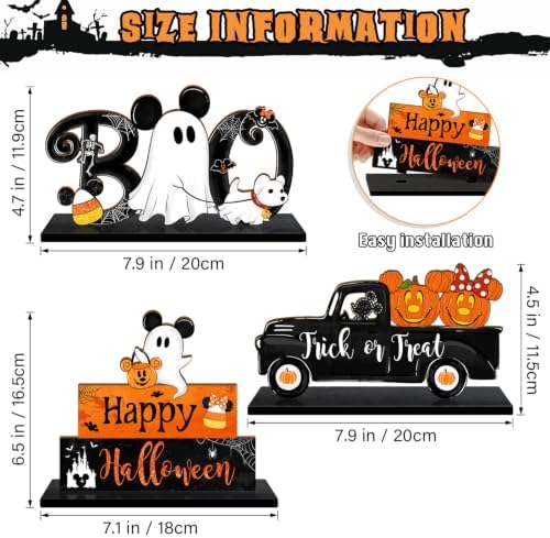 3 Pieces Halloween Table Signs Decorations, Pumpkins Ghost Truck BOO Table Centerpiece Wooden Sign, Halloween Tabletop Home Decor for Party Indoor Tiered Tray
