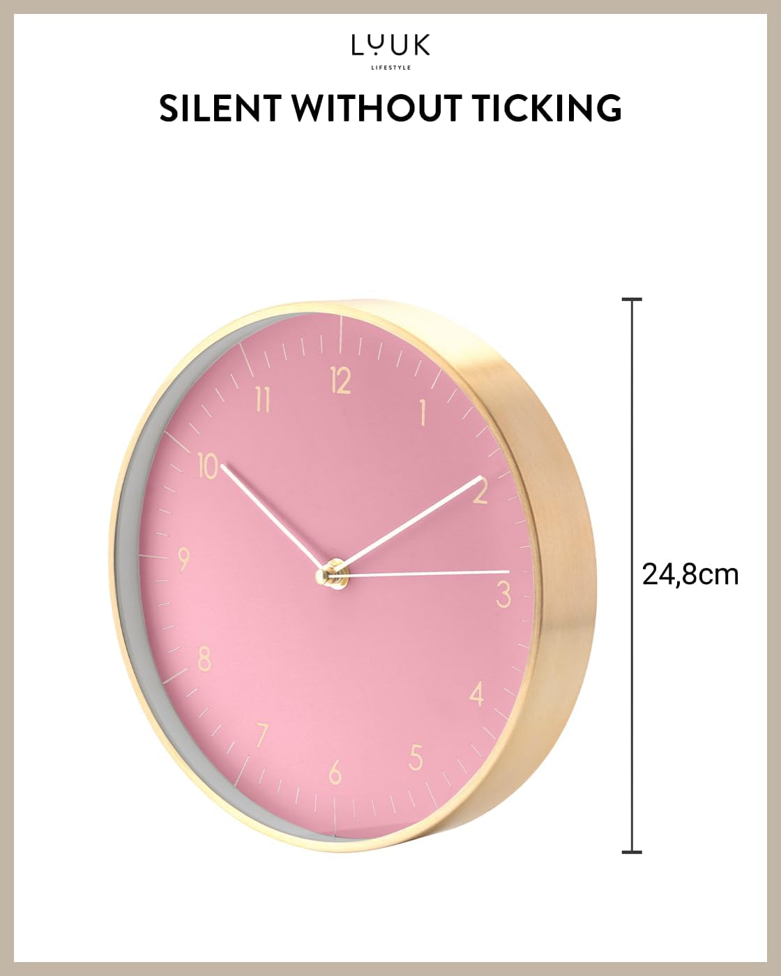 Modern Silent Quartz Wall Clock, 10in, Pink & Gold | Simple & Trendy, Gifting ideas, Analog, Easy-to-read, Battery