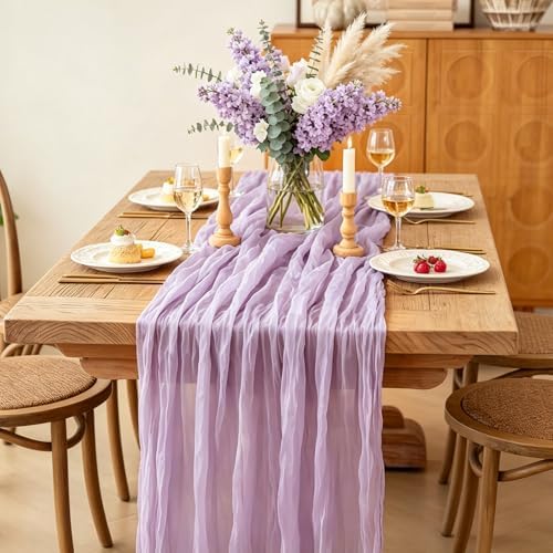 6Pcs Lilac Table Runner, 10FT Rustic Gauze Lavender Table Runner 35*120inch Boho Table Runners for Wedding Bridal Shower Baby Shower Table Centerpiece Decorations