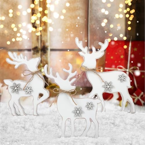 3Pcs Cute Christmas Tiered Tray Decor Indoor, Wooden Farmhouse Reindeer Christmas Tabletop Decorations Xmas Centerpiece, Rustic Reindeer Sign Standing Elk Decor for Home Shelf (White)
