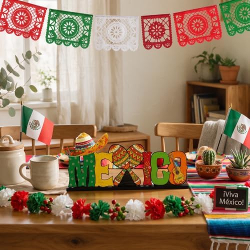 Smile Mexican Independence Day Wooden Standing Decor Sombrero Maracas Guitar Tiered Tray Tabletop Signs with Stands for Home and Party Decor