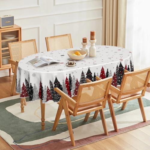Horaldaily Christmas Tablecloth 60 x 84 Inch Oval Christmas Trees Red Black