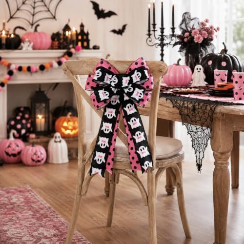 JarThenaAMCS Halloween Wreath Bow Ghost Boo Polka Dots Wired Edge Bow Pink Black Fabric Craft Bowknot for Front Door Tree Topper Indoor Outdoor Decor, 11 x 20.3 Inch