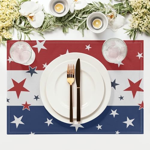 4th of July Placemats Set of 4 18x12 Inch Independence Day Patriotic Blue Red White Star Linen Place Mats Heat-Resistant Washable Wipeable Memorial Day Table Mat for Party Kitchen Dining Room Dinner