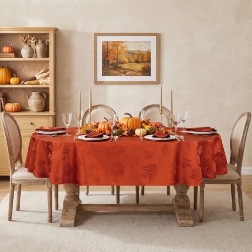 Softalker Fall Jacquard Oval Tablecloth, 60 x 84 Inch Burnt Orange