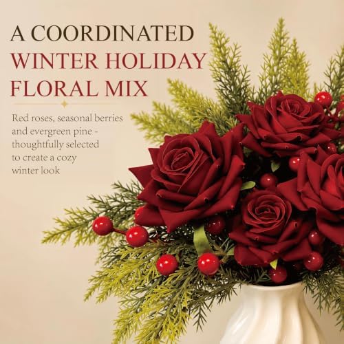 Christmas Centerpiece Kit, Artificial Flowers with Red Roses, Berries & Pine