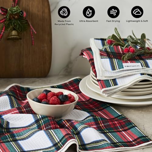 RECYCO Christmas Waffle Kitchen Towel Set of 2 - Quick Dry Microfiber Sustainable Dish Towels - Ultra Absorbent Reusable Cleaning Tea Towels - Lightweight Hand Towels,16”x 28”, Plaid