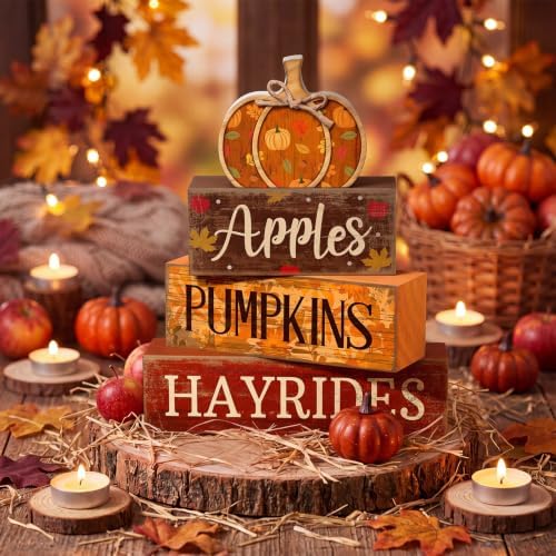 Moucuny 4 Pcs Fall Pumpkin Wooden Block Signs Tabletop Tiered Tray Decor