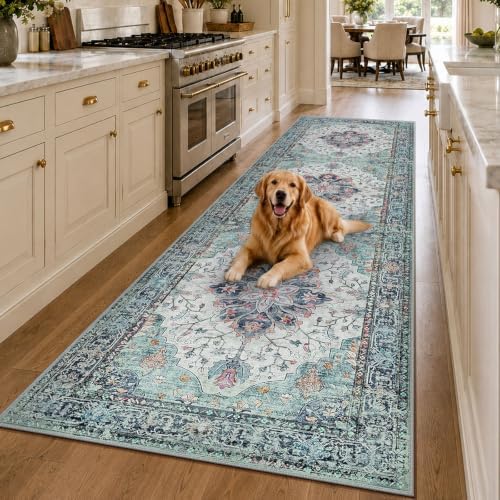 RELEANY Washable Area Rug, Runner 3'x10', Teal Green/White/Navy