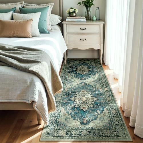 RELEANY Washable Area Rug, Runner 3'x8', Blue/Vintage Dark Blue