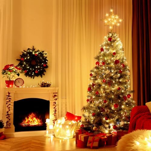 DULEFUN Christmas Tree Topper Lighted 13.5” Gold Star Tree Toppers with 20 LED Lights Christmas Tree Top Ornament for New Year Holiday Home Office Indoor Decorations