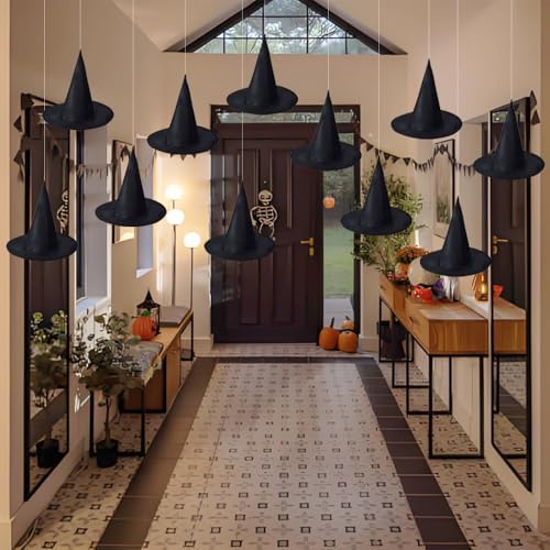 15 PCS Halloween Witch Hats, Black Hanging Wizard Hat Decorations