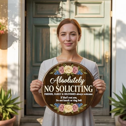 Floral Absolutely No Soliciting Wooden Hanging Sign for House Front Door, Don't Knock or Ring Doorbell Sign for Framhouse