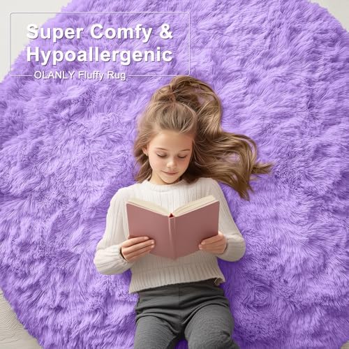OLANLY Purple Round Rugs for Bedroom - Machine Washable, 8 ft Circle Area Rugs for Living Room, Soft and Fluffy Shaggy