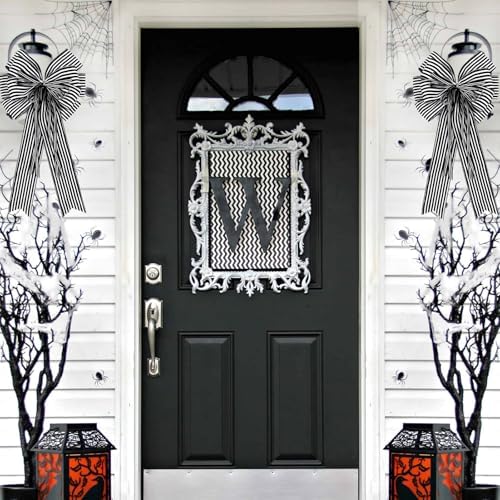 Hongsome 2 Pack Black White Stripe Halloween Fall Bows for Wreaths,12”x20”Black and White Christmas Decorations Bow for Tree Topper Gothic Spooky Holiday Birthday Party Wall Home Front Door