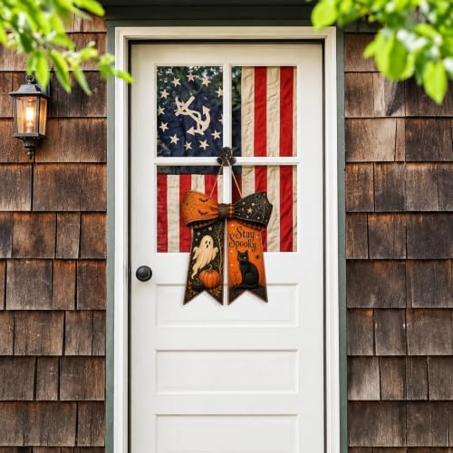 Halloween Bow Door Hanger Ghost Cat Black Orange Front Porch Wooden Sign