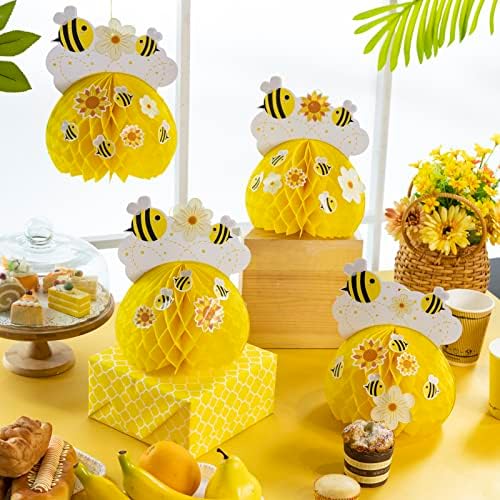 SUNBEAUTY 4PCS Honey Bee Honeycomb Centerpieces Decorations Yellow Bee Honeycomb Table Centerpieces with Sunflower Stickers for Baby Shower Birthday Gender Reveal Birthday Decoration