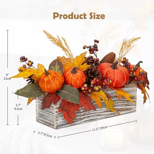DILATATA Fall Decor Autumn Harvest Pumpkins Centerpiece - Artificial Maple Leaves, Berries and Pinecones Arrangement in Rectangle Wooden Box for Thanksgiving Party Mantel Fall Decor