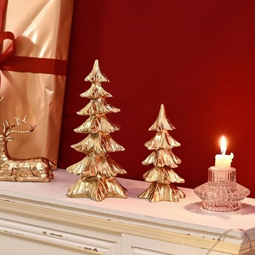 FESTGLOX Gold Christmas Tree Figurines,Small Resin Christmas Tabletop Trees