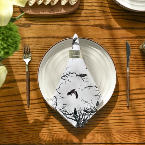 Horaldaily Halloween Cloth Napkins, Crow Tree Napkins Set of 4
