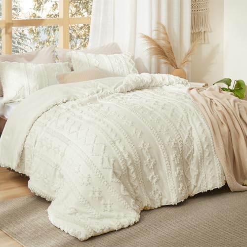 Bedsure Tufted Boho Comforter Set California King Size - White Boho Bed Set, GentleSoft™ 3 Pieces Farmhouse-Style