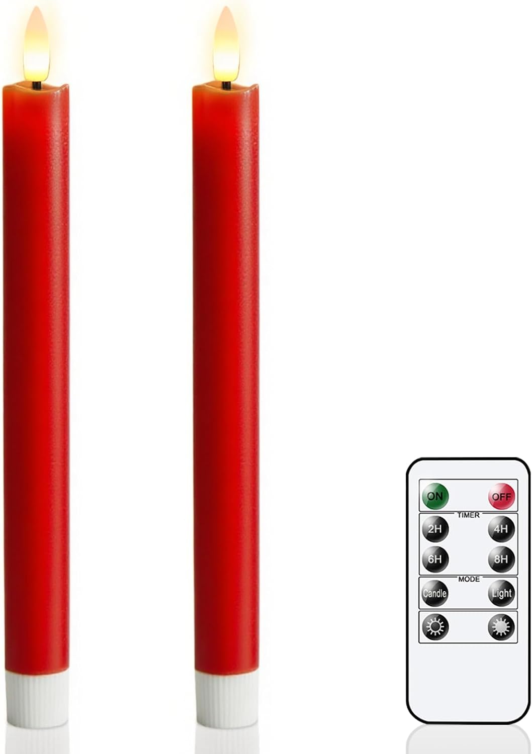 GenSwin Flameless Taper Candles with 10-Key Remote Timer, Set of 2 Red Real Wax LED Taper Candles Battery Operated, Flameless Candlesticks with 3D Wick for Halloween Christmas Decor(0.78” x 9.6”)