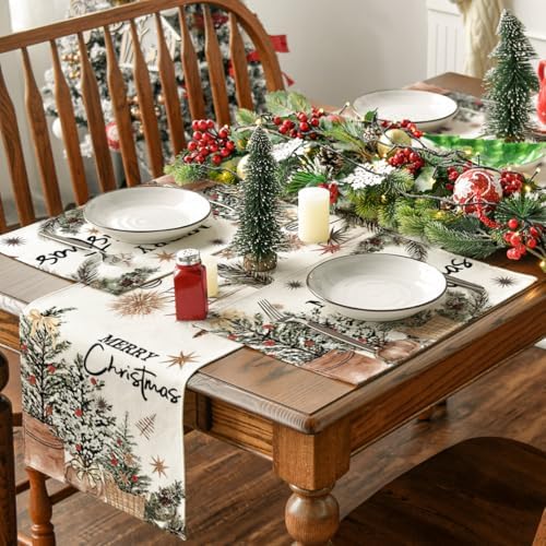 Artoid Mode Xmas Trees Holly Pine Cone Merry Christmas Placemats Set of 4, 12x18 Inch Seasonal Winter Holiday Table Mats for Party Kitchen Dining Decoration