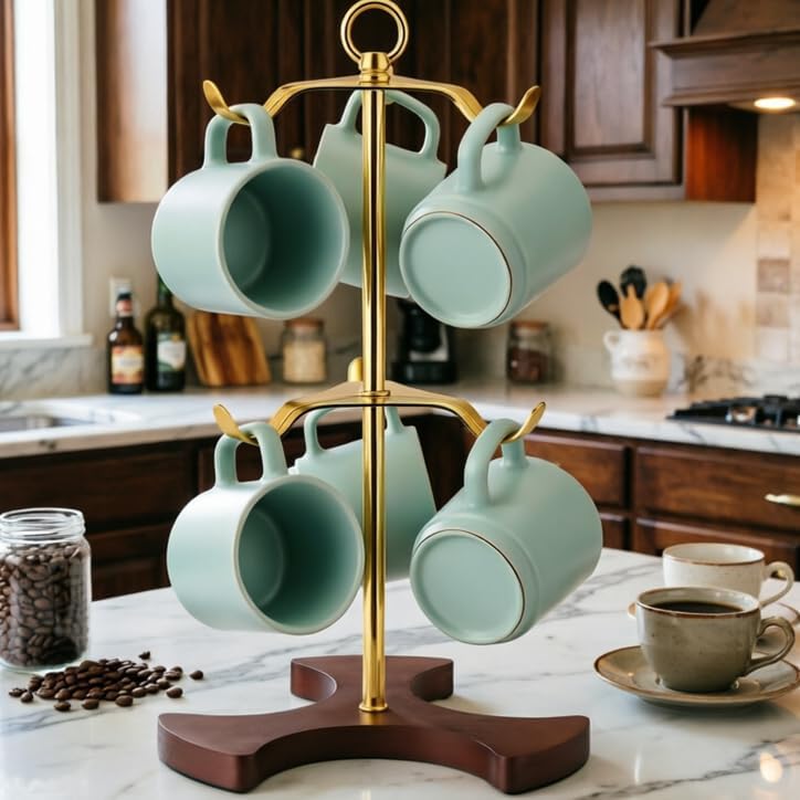 Gold Mug Tree for Countertop - 2-Tier Coffee Mug Holder Rack for 6 Large Mugs (5oz-20oz) - Sturdy Metal & Solid Wood